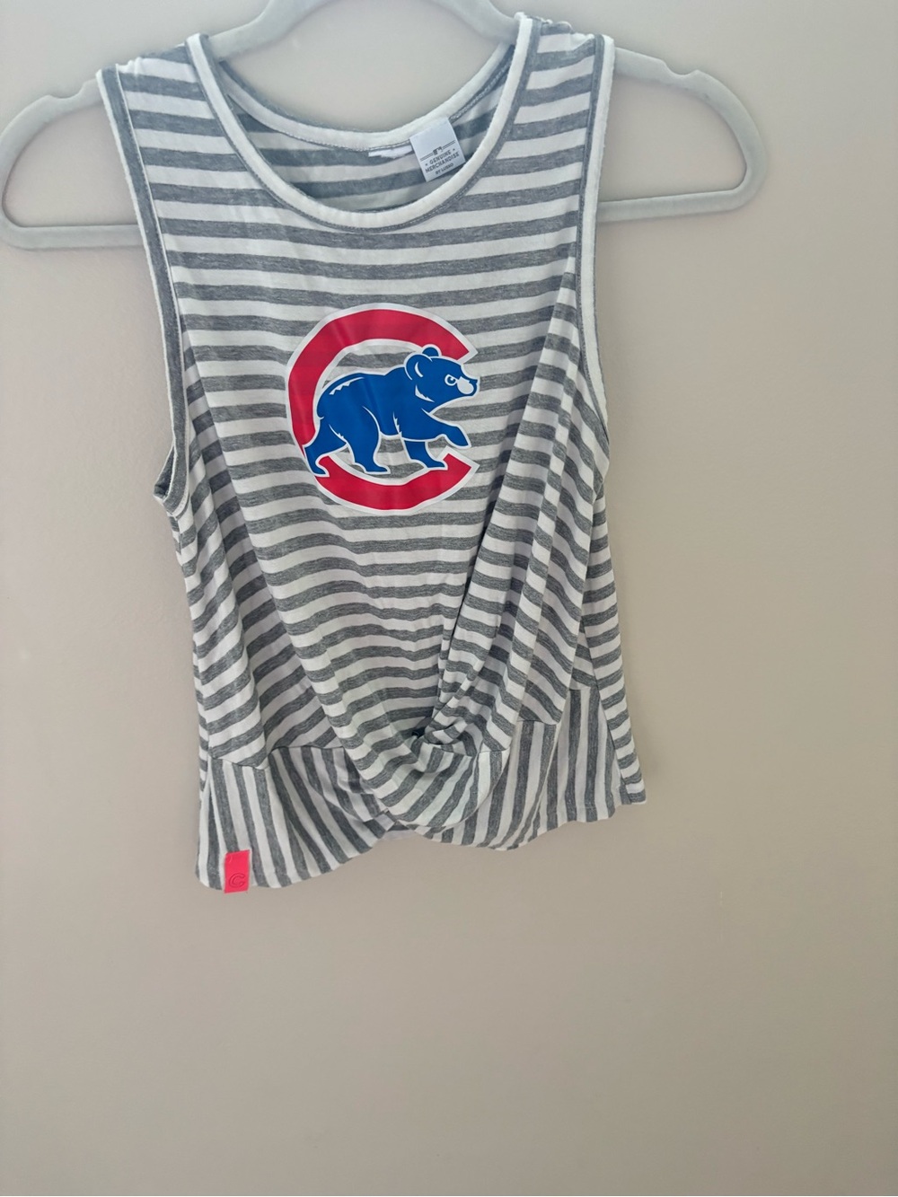 Women’s GO CUBS!Gray & White Striped Sleeveless Top with Blue & Red Bear Graphic